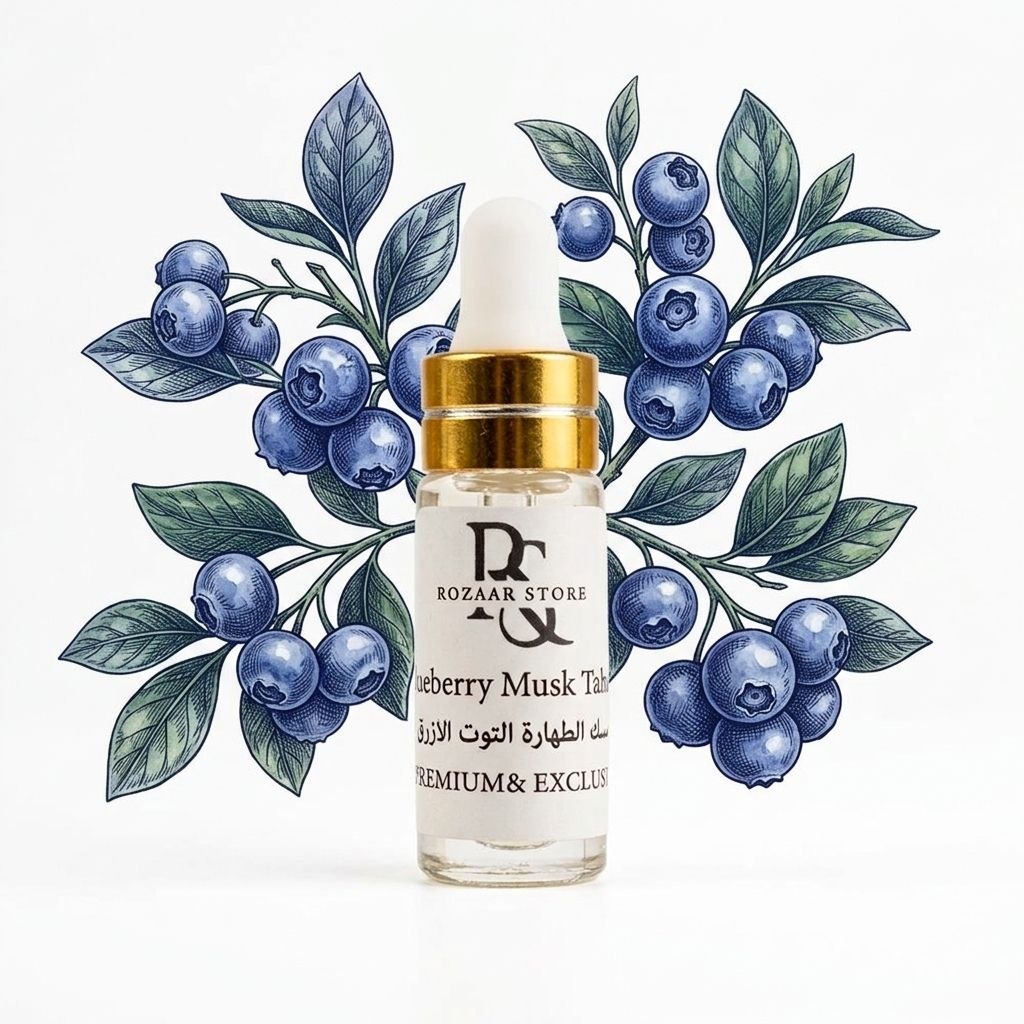 Rozaar Blueberry Musk Tahara perfume oil, 5 ml glass dropper bottle with golden cap and blueberry illustration