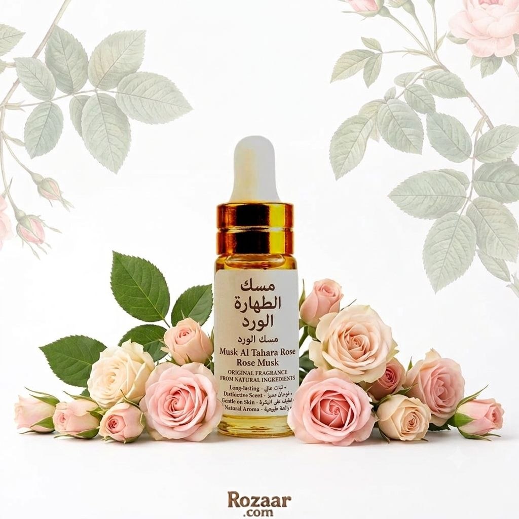 Rozaar Rosen Musk Altahara perfume oil, 6 ml glass dropper bottle with golden cap surrounded by pink roses
